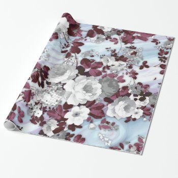 Boho Burgundy White Pastel Marble Floral Pattern Wrapping Paper by kicksdesign at Zazzle