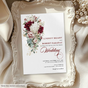 Boho Burgundy White Rose Gold Wedding Invitation