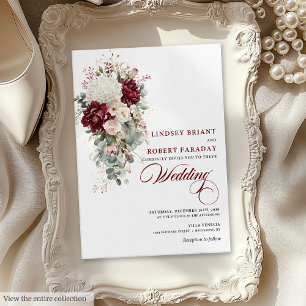 Boho Burgundy White Watercolor Wedding Invitation