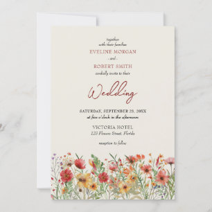 Boho burgundy wild flowers autumn wedding invitation