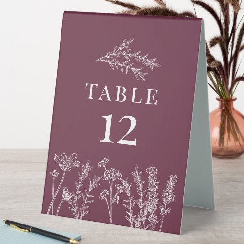 Boho Burgundy Wildflower Table Card Number Table Tent Sign