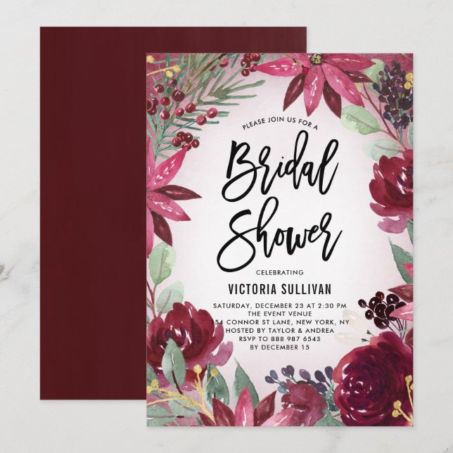 Boho Burgundy Winter Floral Frame Bridal Shower Invitation (Front/Back)