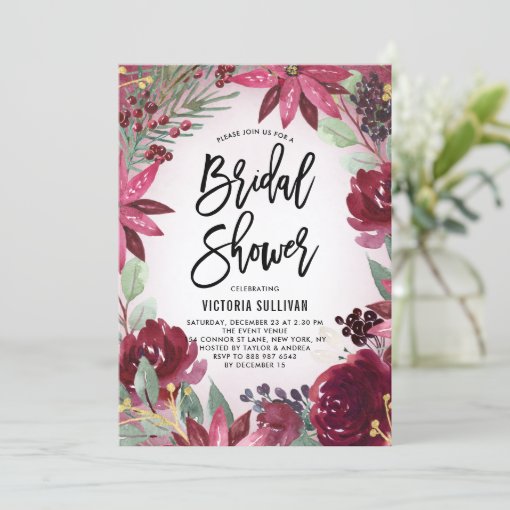 Boho Burgundy Winter Floral Frame Bridal Shower Invitation | Zazzle