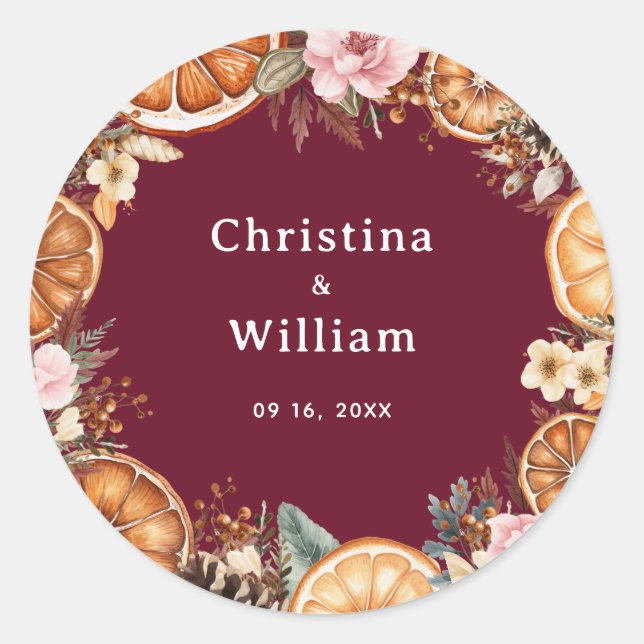 Boho Burgundy Winter Holiday Floral Wedding Classic Round Sticker (Front)