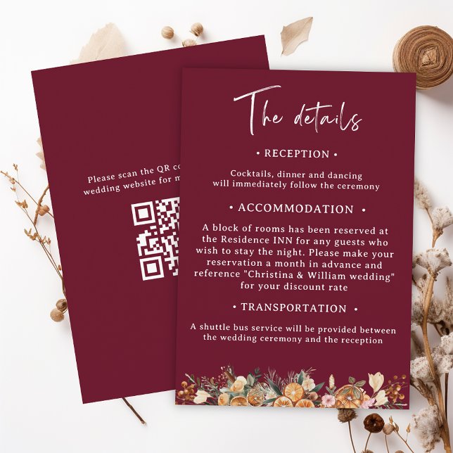 Boho Burgundy Winter Holiday Wedding Details Enclosure Card (Creator Uploaded)
