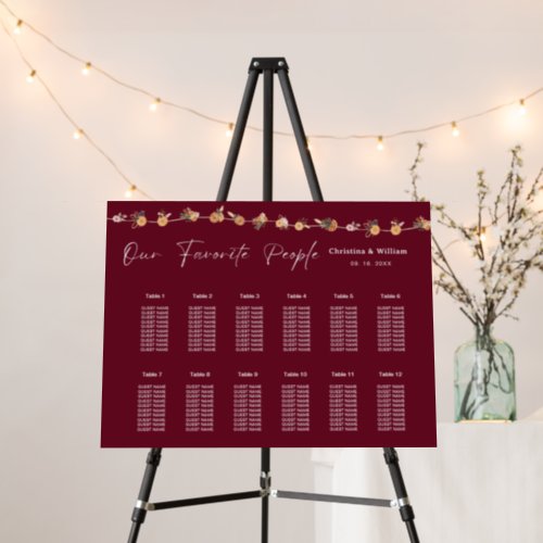 Boho Burgundy Winter Holiday Wedding Seating Chart Foam Board