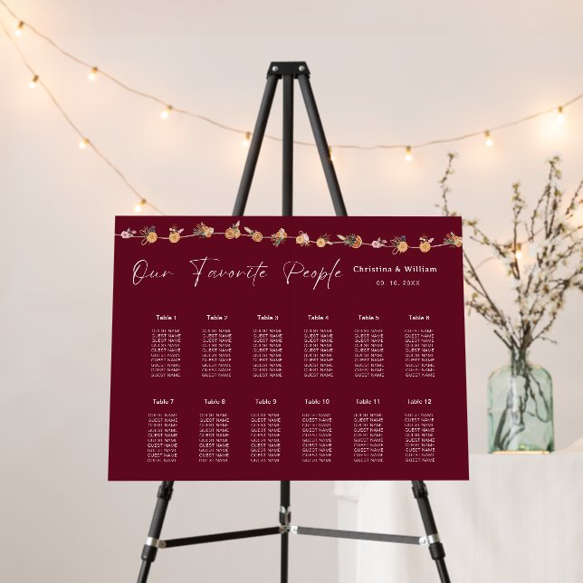 Boho Burgundy Winter Holiday Wedding Seating Chart Foam Board (In Situ (Stand))