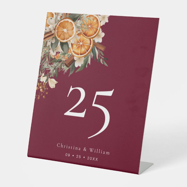 Boho Burgundy Winter Holiday Wedding Table Number Pedestal Sign (Front)