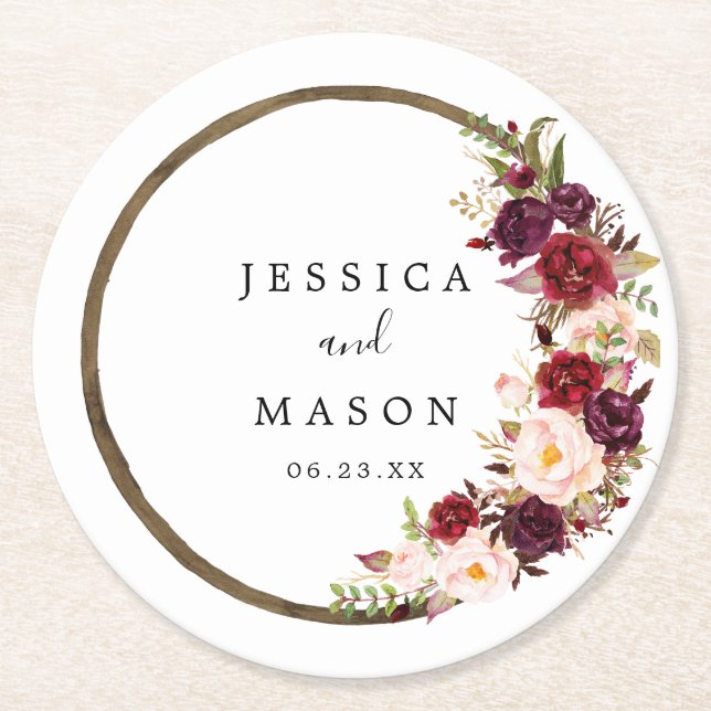 Boho Burgundy Wreath Wedding Coasters (Front)
