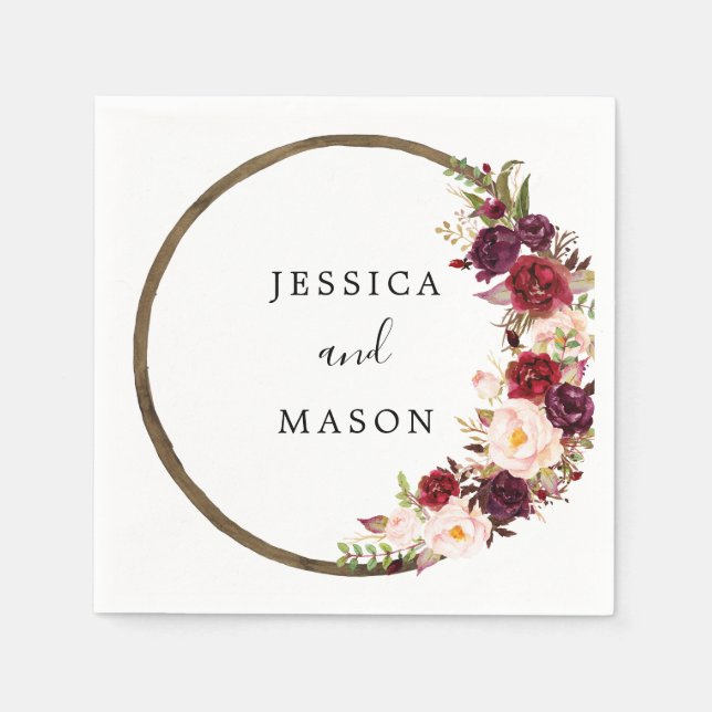 Boho Burgundy Wreath Wedding Cocktail Napkin (Front)