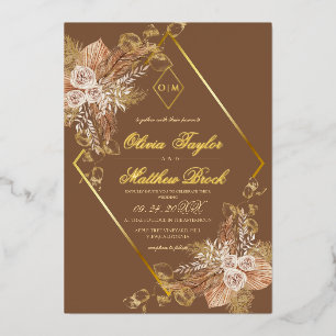Boho Burn Orange Diamond Gold Wedding Foil  Invitation