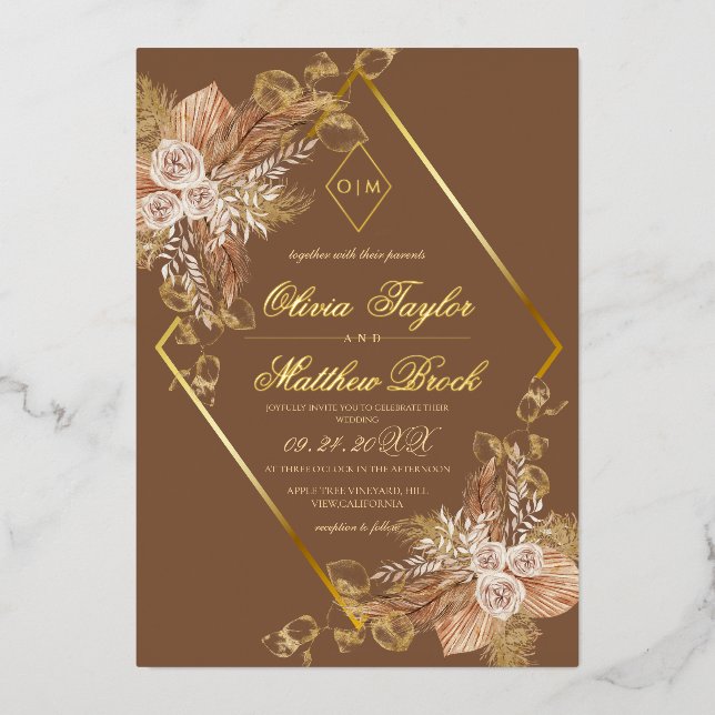 Boho Burn Orange Diamond Gold Wedding Foil  Invitation (Front)