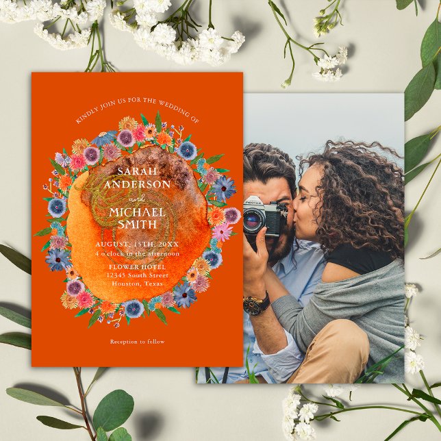 Boho Burnt Orange Boho Wildflower Photo Wedding Invitation (Front/Back)