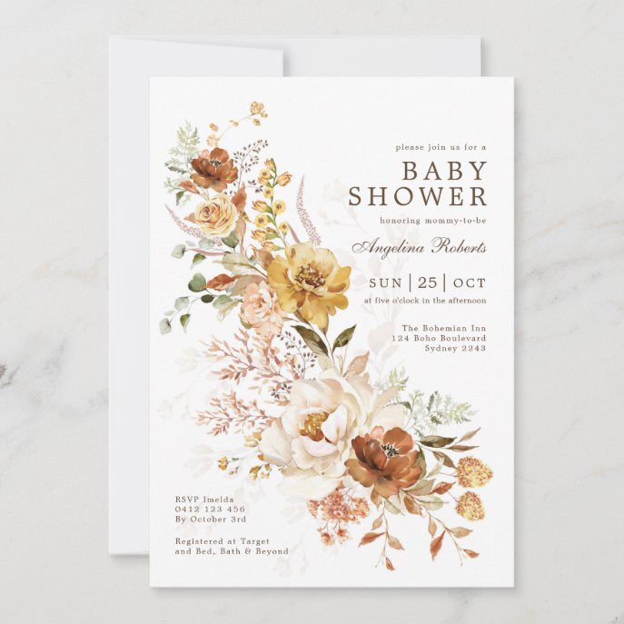 Boho Burnt Orange Butterscotch Flower Baby Shower Invitation