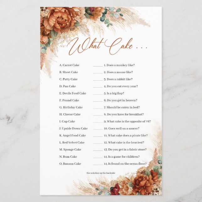 Boho Burnt orange copper floral pampas What Cake (Front)