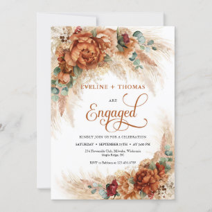 Boho burnt orange copper flowers pampas eucalyptus invitation