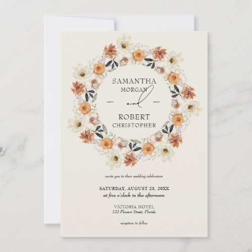 Boho burnt orange copper wildflowers wreath  invitation