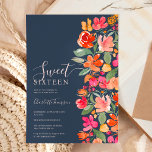 Boho burnt orange earth tone floral chic sweet 16 invitation<br><div class="desc">Boho burnt orange earth tone floral chic sweet 16 invitation featuring hand painted terracotta,  pink,  peach,  yellow and red flowers with green leaf and greenery foliage on dark blue background with a brushed script typography.</div>