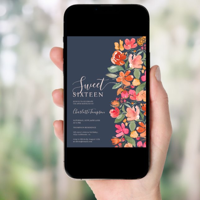 Boho burnt orange earth tone floral chic sweet 16 invitation (Front Digital)