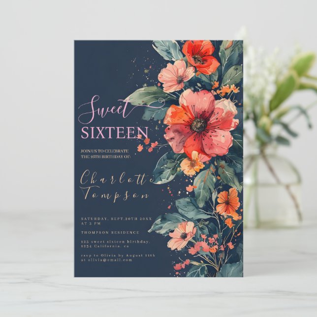 Boho burnt orange earth tone floral  sweet 16  invitation (Standing Front)