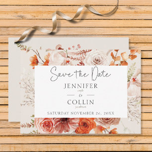 Boho Burnt Orange Fall Floral Arch Monogram Beige Save The Date