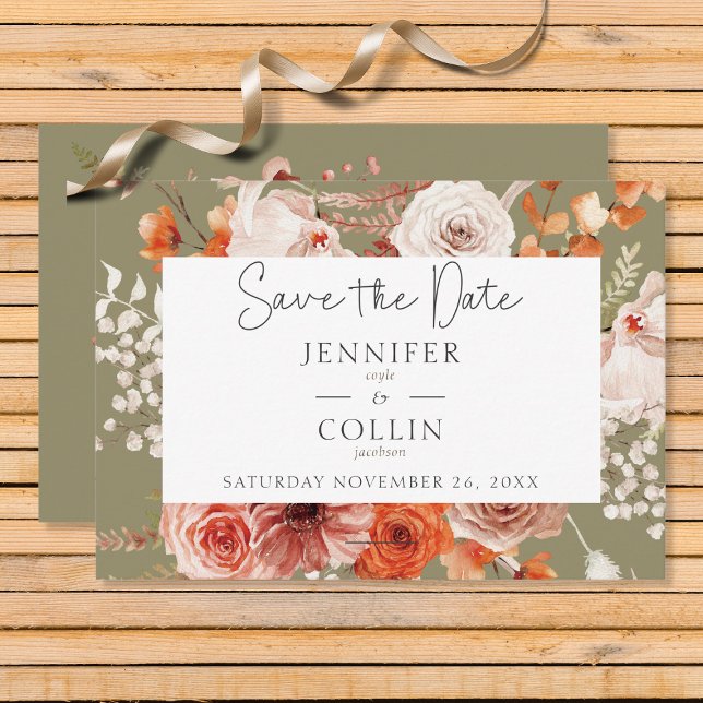 Boho Burnt Orange Fall Floral Arch Monogram Sage Save The Date (Creator Uploaded)