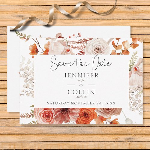 Boho Burnt Orange Fall Floral Arch Monogram White Save The Date