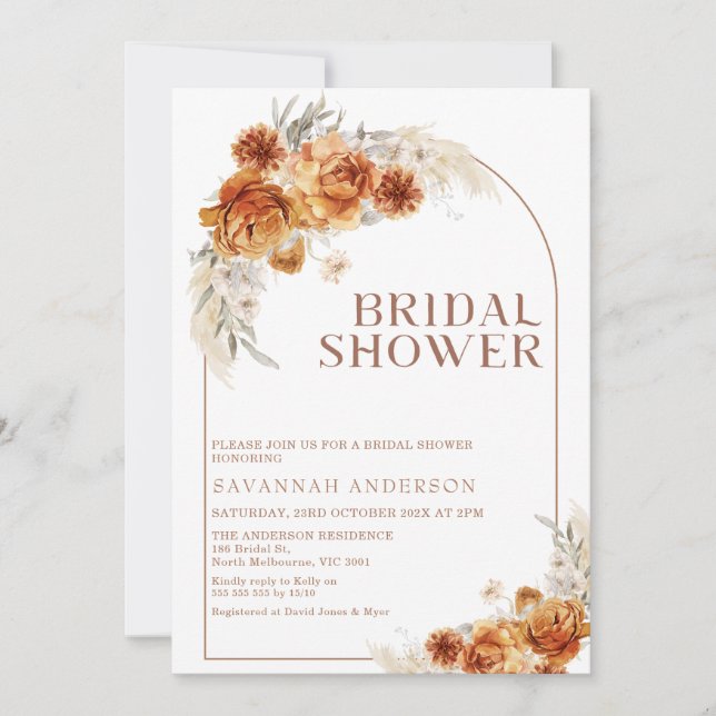 Boho Burnt Orange Floral Arch bridal Shower Invitation (Front)