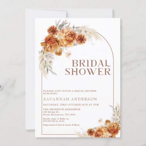 Boho Burnt Orange Floral Arch bridal Shower Invitation