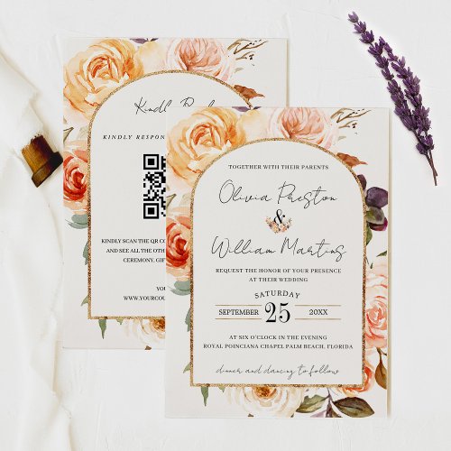 Boho Burnt Orange Floral Arch QR Code RSVP Wedding Invitation