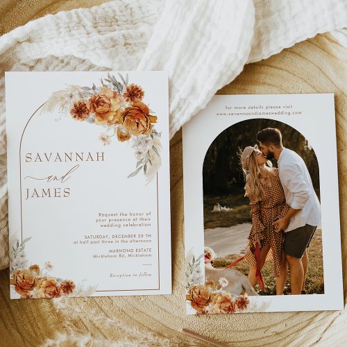 Boho Burnt Orange Floral Arch Wedding Invitation