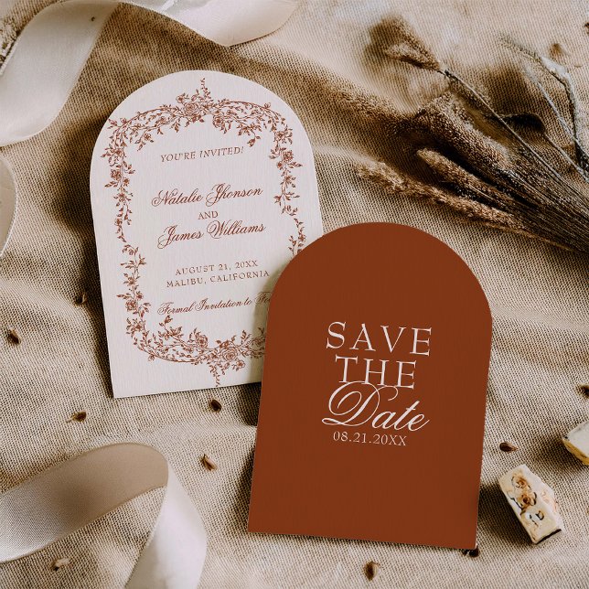 Boho Burnt Orange Floral Botanical Arched Wedding Save The Date (Creator Uploaded)