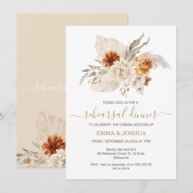 Boho Burnt Orange Floral Bouquet Rehearsal Dinner  Invitation (Front/Back)