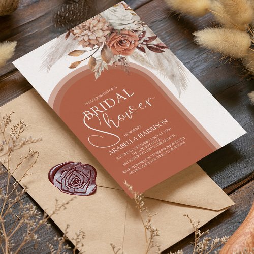 Boho Burnt Orange Floral  Pampas Bridal Shower In Invitation