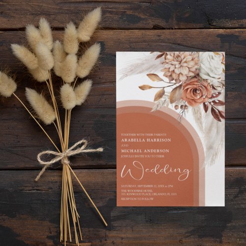 Boho Burnt Orange Floral  Pampas Grass Wedding  Invitation