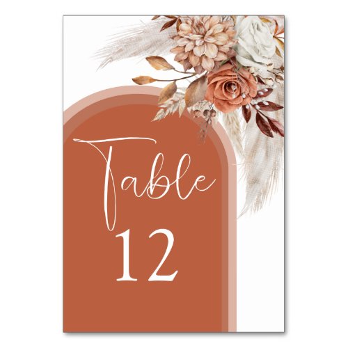 Boho Burnt Orange Floral  Pampas Grass Wedding Table Number