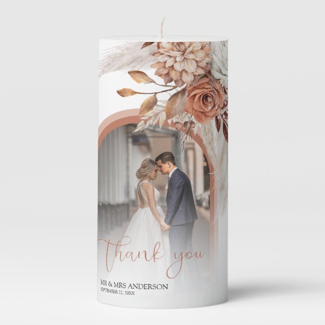 Boho Burnt Orange Floral & Pampas Photo Pillar Candle (Front)