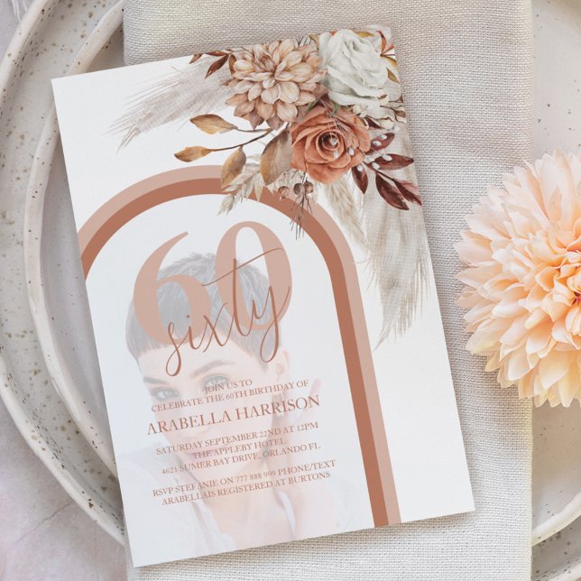 Boho Burnt Orange Floral Photo 60th Birthday Invitation (Creator Uploaded)