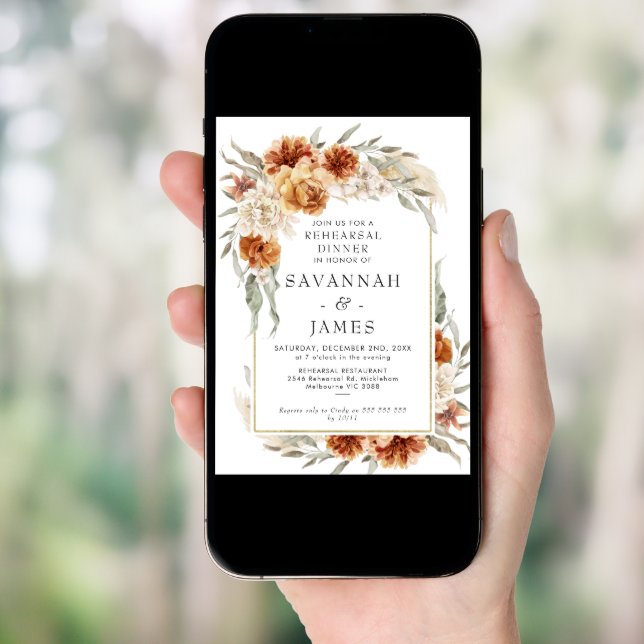 Boho Burnt Orange Floral Rehearsal Dinner Invitation (Front Digital)