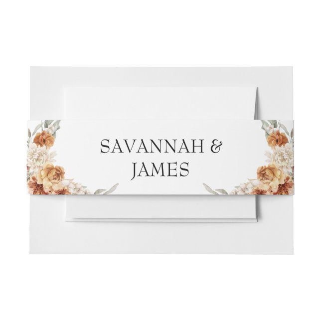 Boho Burnt Orange Floral Wedding Invitation Belly Band (Front Example)