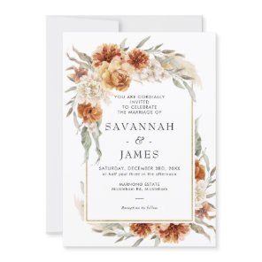 Boho Burnt Orange Floral With Frame Wedding Invitation