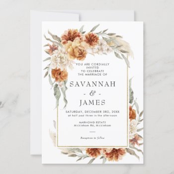 Boho Burnt Orange Floral With Frame Wedding Invitation by figtreedesign at Zazzle