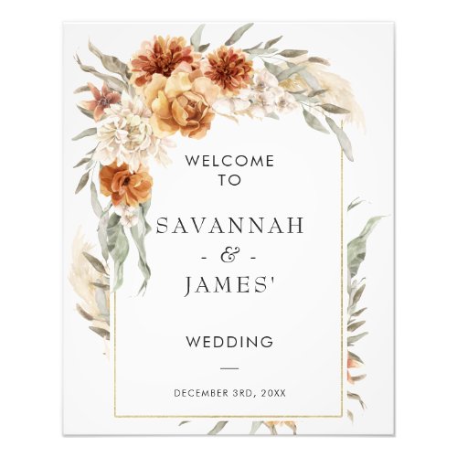 Boho Burnt Orange Floral With Frame Wedding Sign