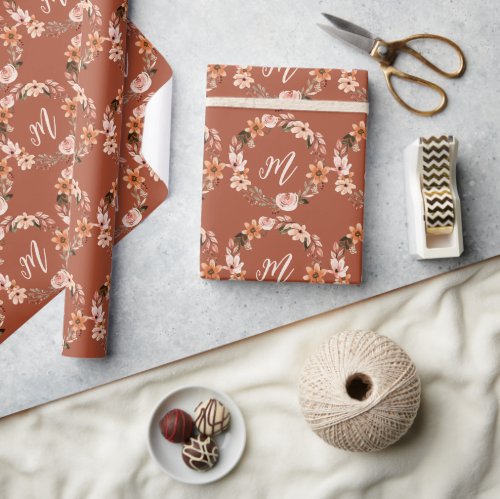 Boho Burnt Orange Floral Wreath Monogram Wrapping Paper