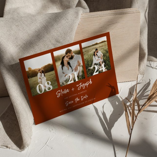 Boho Burnt Orange Modern Three Photos Wedding Save The Date (Creator Uploaded)