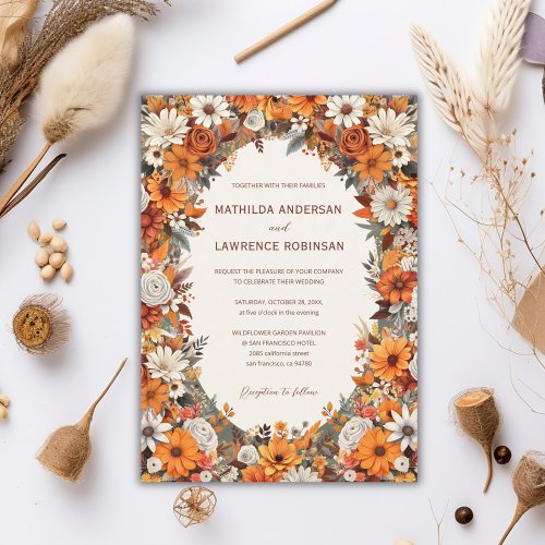 Boho Burnt Orange Sage Floral Photo Fall Wedding Invitation