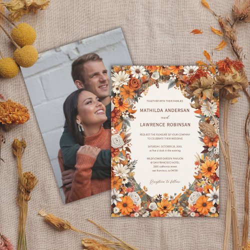 Boho Burnt Orange Sage Floral Photo Fall Wedding Invitation