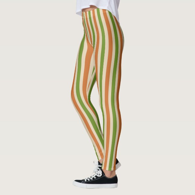  Boho Burnt Orange Sage Green Retro Striped   Leggings (Left)