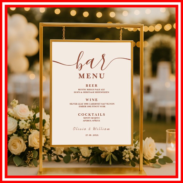 Boho Burnt Orange Terracotta Wedding Bar Menu  Poster (Creator Uploaded)
