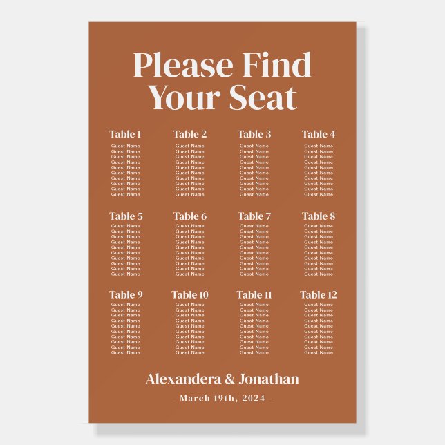 Boho Burnt Orange Wedding Seating Chart Foam Board (Front)